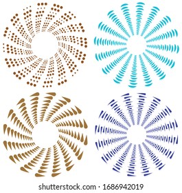 Set of single-colored,monochrome twirl, swirl. Shape with rotation, spin, spiral distortion. Helix, volute and twine design element