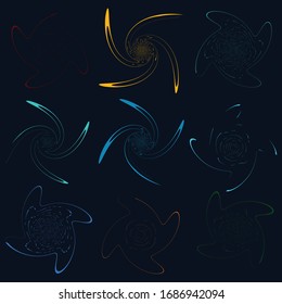 Set of single-colored,monochrome twirl, swirl. Shape with rotation, spin, spiral distortion. Helix, volute and twine design element