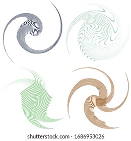 Set of single-colored,monochrome twirl, swirl. Shape with rotation, spin, spiral distortion. Helix, volute and twine design element