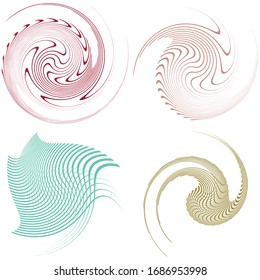 Set of single-colored,monochrome twirl, swirl. Shape with rotation, spin, spiral distortion. Helix, volute and twine design element