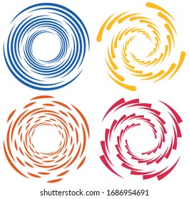 Set of single-colored,monochrome twirl, swirl. Shape with rotation, spin, spiral distortion. Helix, volute and twine design element