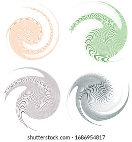 Set of single-colored,monochrome twirl, swirl. Shape with rotation, spin, spiral distortion. Helix, volute and twine design element