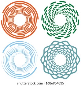 Conjunto de giro monocromo de un solo color, giratorio. Forma con rotación, giro, distorsión espiral. Elemento de diseño Helix, voluto y gemelo