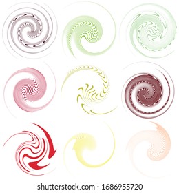 Set of single-colored,monochrome twirl, swirl. Shape with rotation, spin, spiral distortion. Helix, volute and twine design element