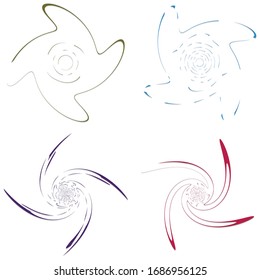 Set of single-colored,monochrome twirl, swirl. Shape with rotation, spin, spiral distortion. Helix, volute and twine design element