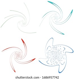Set of single-colored,monochrome twirl, swirl. Shape with rotation, spin, spiral distortion. Helix, volute and twine design element