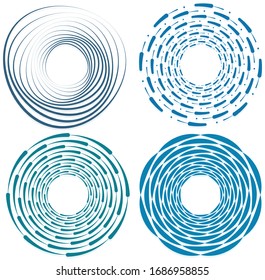 Set of single-colored,monochrome twirl, swirl. Shape with rotation, spin, spiral distortion. Helix, volute and twine design element