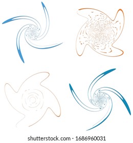 Set of single-colored,monochrome twirl, swirl. Shape with rotation, spin, spiral distortion. Helix, volute and twine design element