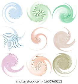 Set of single-colored,monochrome twirl, swirl. Shape with rotation, spin, spiral distortion. Helix, volute and twine design element