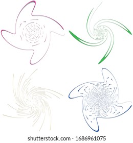 Set of single-colored,monochrome twirl, swirl. Shape with rotation, spin, spiral distortion. Helix, volute and twine design element