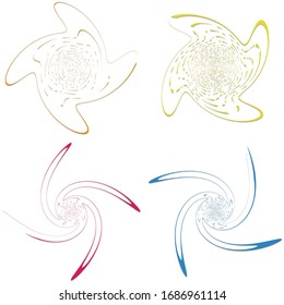 Set of single-colored,monochrome twirl, swirl. Shape with rotation, spin, spiral distortion. Helix, volute and twine design element