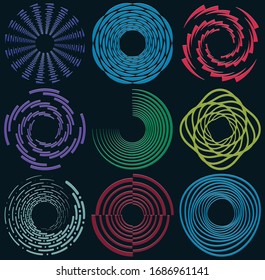 Set of single-colored,monochrome twirl, swirl. Shape with rotation, spin, spiral distortion. Helix, volute and twine design element