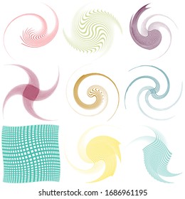 Set of single-colored,monochrome twirl, swirl. Shape with rotation, spin, spiral distortion. Helix, volute and twine design element