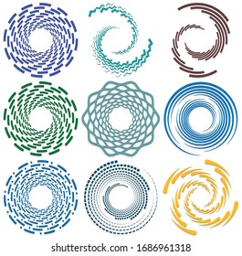 Set of single-colored,monochrome twirl, swirl. Shape with rotation, spin, spiral distortion. Helix, volute and twine design element
