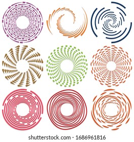 Set of single-colored,monochrome twirl, swirl. Shape with rotation, spin, spiral distortion. Helix, volute and twine design element