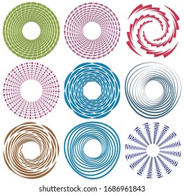 Set of single-colored,monochrome twirl, swirl. Shape with rotation, spin, spiral distortion. Helix, volute and twine design element