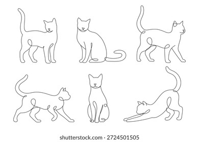 Eine Reihe von einzeiligen gezeichneten Katzen. Minimalistische Katzenkonturen, verschiedene handgezeichnete Katzenposen und -bewegungen, eine Reihe von Vektorgrafiken. Bearbeitbare Zeilenkunst.