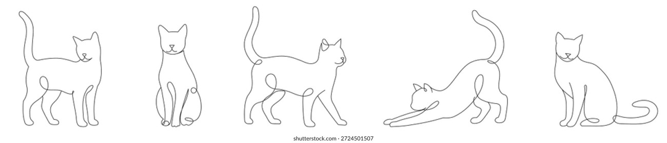 Eine Reihe von einzeiligen gezeichneten Katzen. Minimalistische Katzenkonturen, verschiedene handgezeichnete Katzenposen und -bewegungen, eine Reihe von Vektorgrafiken. Bearbeitbare Zeilenkunst.