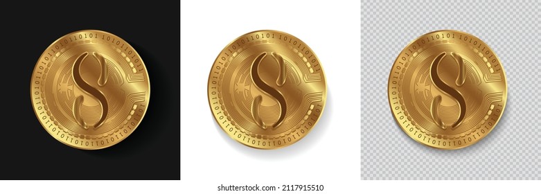 Set of SingularityNET AGIX cryptocurrency logo in golden coins vector illustration isolated in white, dark and transparent background. Can be used as crypto brand sticker, icon, and badge 