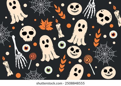 Set of sinister elements. Halloween. Pattern. Hand drawn. Trendy doodle style. Horror. Ghost. Autumn. October 31. Saints' Day. Stickers. Icons. Jack o lantern. Cartoon. Candle, bones, eye, spider web