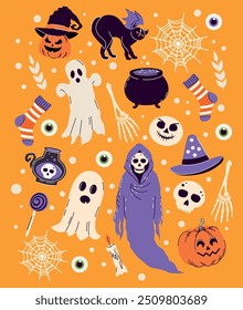 Set of sinister elements. Halloween. Pattern. Hand drawn. Trendy doodle style. Vector. Horror. Stickers and icons. Jack o lantern. Cartoon. Candle, bones, eye, spider web, candy, leaf, scull. Ghost. 