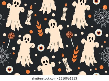 Set of sinister elements. Halloween. Pattern. Hand drawn. Trendy doodle. Vector. Horror. Ghost. Autumn. October 31. Saints' Day. Stickers and icons. Jack o lantern. Spider web, candles, eyes, specter