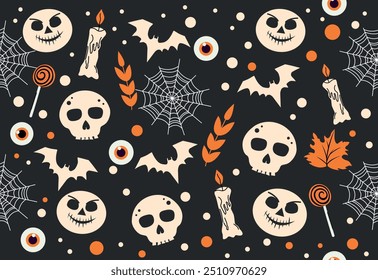 Set of sinister elements. Halloween. Seamless pattern. Hand drawn. Doodle. Horror. Ghost. Autumn. October 31. Saints' Day. Stickers and icons. Jack o lantern. Spider web, candles, eyes, specter, bat