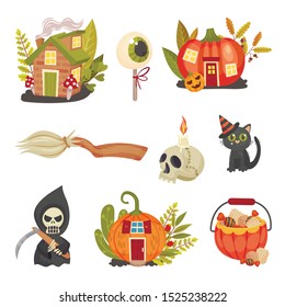 Set of sinister halloween holiday symbols. Vector illustration.