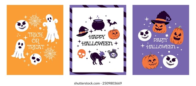 Set of sinister Halloween posters. Elements. Hand drawn. Trendy doodle style. Stickers and icons. Jack o lantern. Cartoon. Candle, bones, eye, spider web, candy, leaf, scull. Ghost. Autumn. October