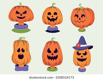 Set of sinister pumpkins with grain effect. Halloween. Hand drawn. Trendy doodle style. Vector. Horror. Trick or treat. Autumn. October 31st. Saints' Day. Flat. Twinkling holiday. Stickers and icons.