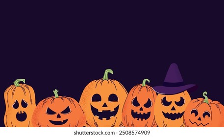 Set of sinister pumpkins with grain effect. Halloween. Banner. Greeting card.  Invitation. Hand drawn. Trendy doodle style. October 31st. Saints' Day. Flat. Twinkling holiday. Stickers. Icons. Jack