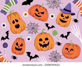 Set of sinister pumpkins. Grain effect. Halloween. Pattern. Hand drawn. Trendy doodle style. Vector. Horror. Autumn. October 31. Saints' Day. Flat. Twinkling holiday. Stickers. Icons. Jack o lantern