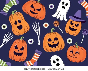 Set of sinister pumpkins with grain effect. Halloween. Pattern. Hand drawn. Trendy doodle style. Vector. Horror. Ghost. Autumn. October 31. Saints' Day. Stickers and icons. Jack o lantern. Cartoon