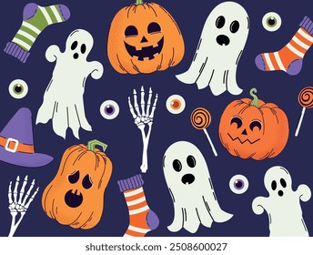 Set of sinister pumpkins. Grain effect. Halloween. Pattern. Hand drawn. Trendy doodle style. Vector. Horror. Ghost. Autumn. October 31. Saints' Day. Stickers. Icons. Jack o lantern. Flat style