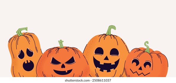 Set of sinister pumpkins with grain effect. Halloween. Hand drawn. Trendy doodle style. Horror. Trick or treat. Autumn. October 31st. Saints' Day. Flat. Twinkling. Stickers. Icons. Jack o lantern