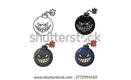 A set of sinister vector icons featuring a bomb character with a menacing grin, in outline, silhouette, and frightening colorful designs.