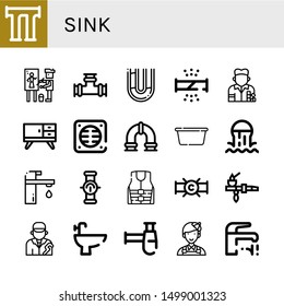 Set of sink icons such as Pipe, Painter, Broken pipe, Furniture, Drain, Wash basin, Sewer, Faucet, Life jacket, Plumber, Bidet, Siphon , sink