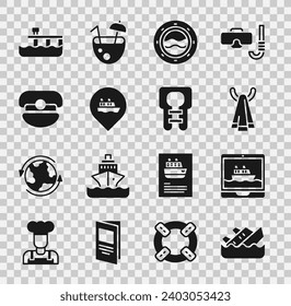 Set Sinking cruise ship, Cruise, Towel on a hanger, Ship porthole with seascape, Location, Captain hat, Beach pier dock and Life jacket icon. Vector