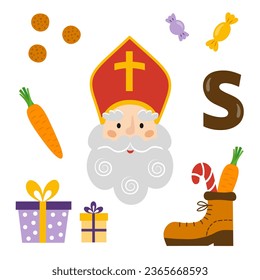 Set for Sinterklaas Dutch holiday. Sinterklaas's face, gift boxes, carrot, candies, pepernoten cookies, chocolate and shoe. Saint Nicholas day icons. Vector illustration on white background.