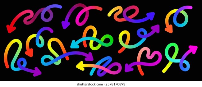 Set of sinuous arrows with color gradient on black background. Various curved abstract lines and arrows for design. Vibrant rainbow colors. Collection of colorful elements. Vector illustration.