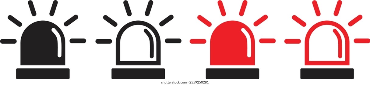 Set of siren icons. Emergency flashers siren icon. Set of red and black emergency siren icons in flat style. Vector illustration.
