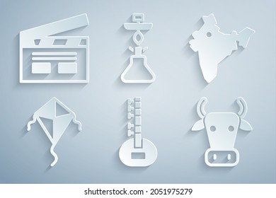 Set Sitar, India map, Kite, Cow, Hookah and Bollywood indian cinema icon. Vector