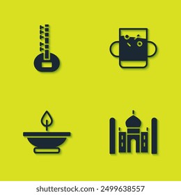 Set Sitar, Taj Mahal, Aroma lamp and Cup of tea and leaf icon. Vector