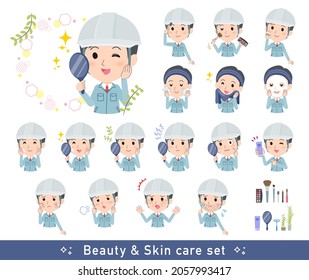 A set of site foreman men on beauty.There are various actions such as skin care and makeup.It's vector art so easy to edit.
