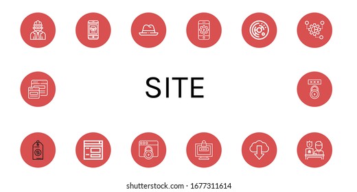 Conjunto de iconos de sitio. Como Foreman, Phone, Hat, Password, Cell, Grouping, Price tag, Website, Webpage, Download, Protection, Responsive , iconos del sitio