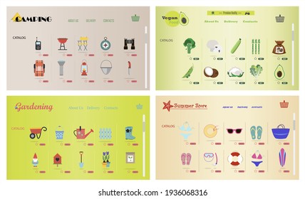 A set of sites for online stores of gardening, camping, beach goods, vegetarian food. Vector cartoon illustration of web pages. Pages with corporate identity and logo. Delivery of goods.