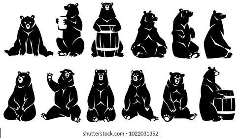 Set sitting bears. Black silhouette. Isolated on a white background.