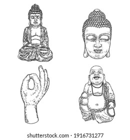Set of Sitting Buddha in lotus pose, meditating. Buddha portrait. Indian spiritual teacher, Buddhism religious leader. Yoga zen club design. Purnima and Happy Vesak Day elements. Vector.