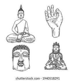 Set of Sitting Buddha in lotus pose, meditating. Buddha portrait. Indian spiritual teacher, Buddhism religious leader. Yoga zen club design. Purnima and Happy Vesak Day elements. Vector.
