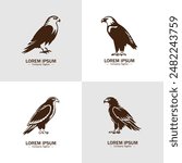 Set of sitting eagle or hawk silhouettes. Suitable for logo, emblem, pattern, typography etc. Isolated on white background. Vector illustration